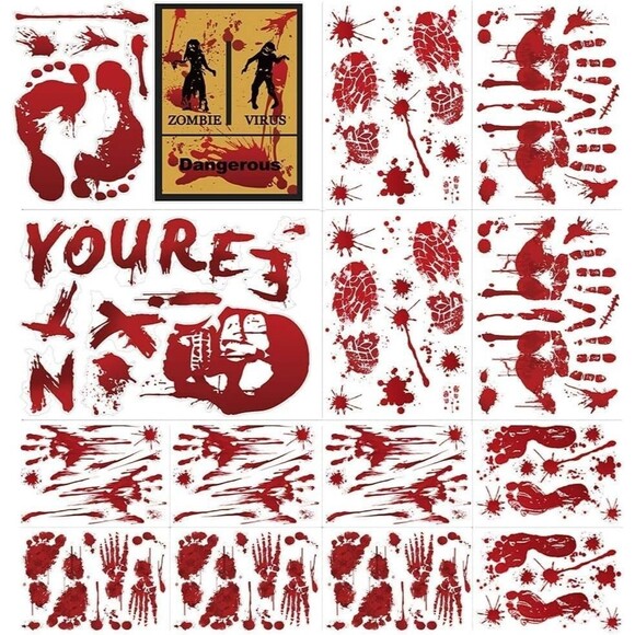 Zombie Bloody Mess Cling Set Handprint Footprint Splats 14-Sheets 135-Pieces - Picture 2 of 7